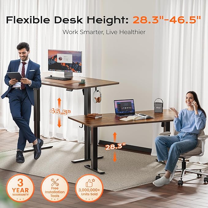 Huuger 63 x 28 Large Electric Standing Desk, Height Adjustable Computer Desk, 27.6" Deep Desktop, Stand up Gaming Office Table with 2 Hooks, 3 Preset Heights, for Home Office, Rustic Brown-DeskLoop Office