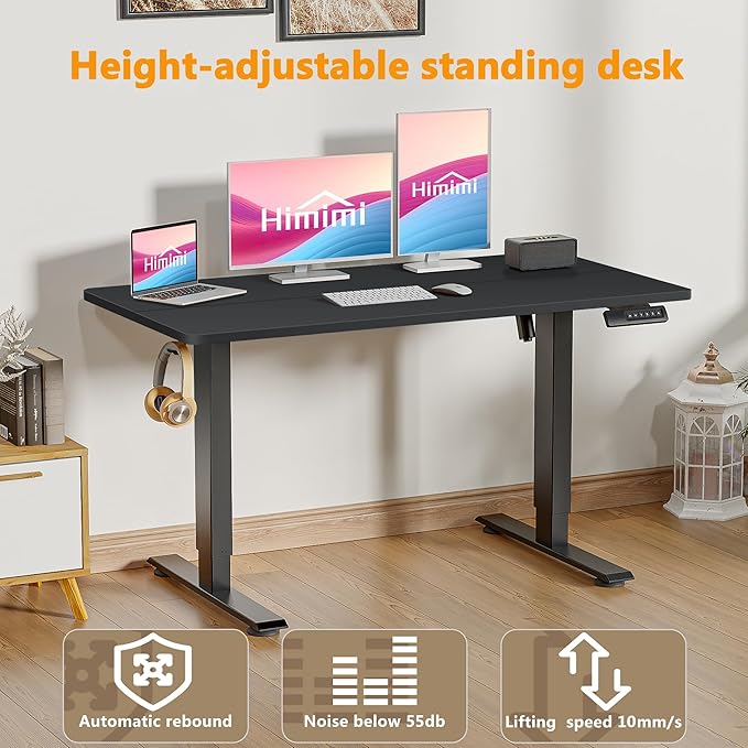 Himimi Electric Standing Desk 48 x 24 inch for Home Office,Sit-Stand Adjustable Desk with Memory Presets,Height Adjustable Desk for Gaming/Working,Free Hook, Lockable Wheels,Black-DeskLoop Office