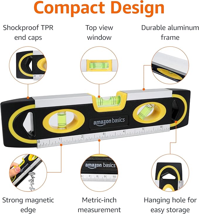 Amazon Basics 9-Inch Magnetic Torpedo Level and Ruler, 180/90/45 Degree Bubbles - Image 2