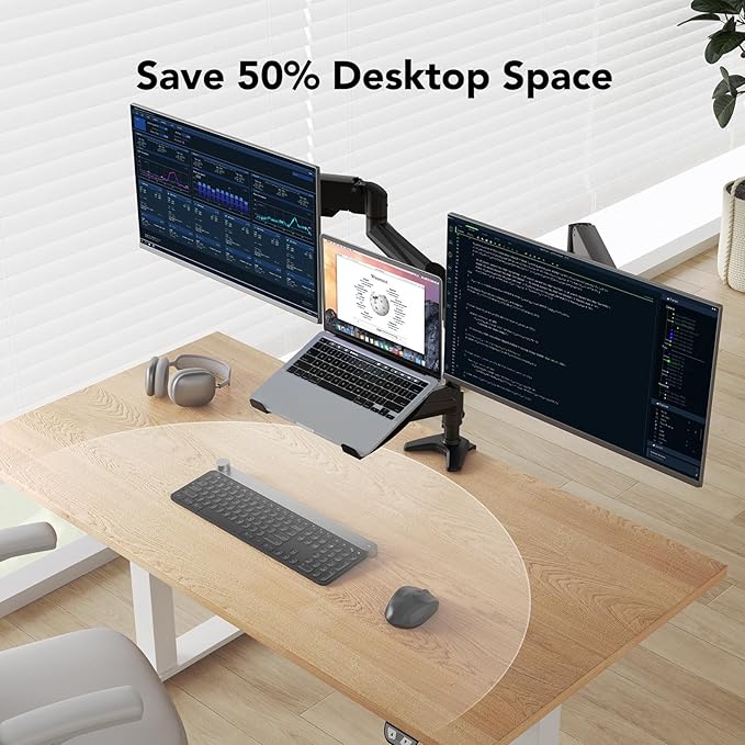 HUANUO Dual Monitor and Laptop Mount for Max 32” Monitor and 17” Laptop, Adjustable Spring Arm with Tilt, Swivel and Rotation, Dual Monitor and Notebook Stand with VESA Bracket 75/100 mm-DeskLoop Office