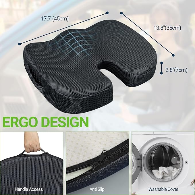 Gel Seat Cushion for Car Office - Memory Foam Pain Relief Chair Pillow Cushions - Tailbone Sciatica Coccyx Butt Lumbar Support Pad for Sitting Driving Traveling, Mesh, Black-DeskLoop Office