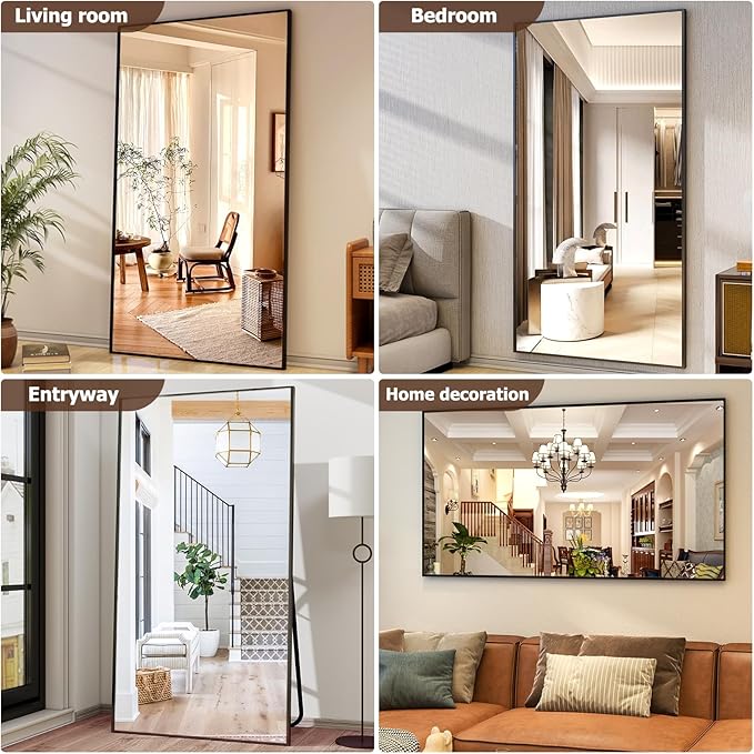 Full Length Mirror with Stand - 38"x77" Full Body Mirror for Floor, Wall Hanging or Leaning - Aluminum Alloy Frame for Living Room, Bedroom, Cloakroom - Black-DeskLoop Office