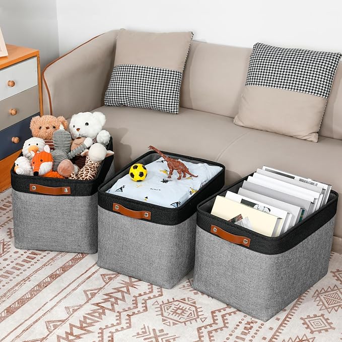 DULLEMELO Fabric Storage Bins - Decorative Large Baskets for Home Shelves & Bedroom, Canvas Toy Organizers (Black & Gray)-DeskLoop Office