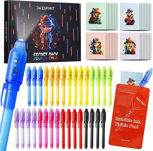 32Pcs Invisible Ink Pen with UV Light, Mini Notepads & Favor Bags, Spy Pens, Top Secret Message Magic Marker, Party Favors for Kids 8-12, Class Prizes, Detective & Escape Room Themes-DeskLoop Office