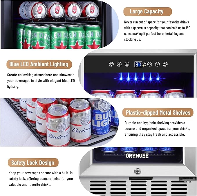 15 Inch Beverage Refrigerator, 130 Can Capacity Under Counter Fridge with Lock & Glass Door, Quiet Built-in or Freestanding Beer Cooler, Powerful Compressor for Fast Cooling-DeskLoop Office