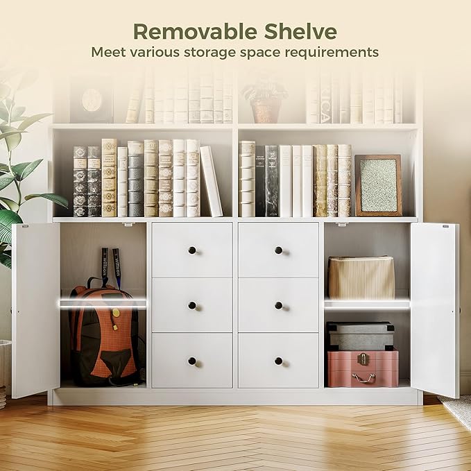 IRONCK 78.7" Bookcase with 6 Drawers, 6 Tier Large Bookshelf with 2 Doors, Large Bookcase with Adjustable Shelves, Tall Storage Cabinet for Home Office, Living Room, White-DeskLoop Office