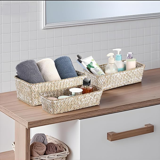 3 Natural Wicker Baskets Set Rectangular Handwoven Seagrass Basket Storage Bins - Image 4