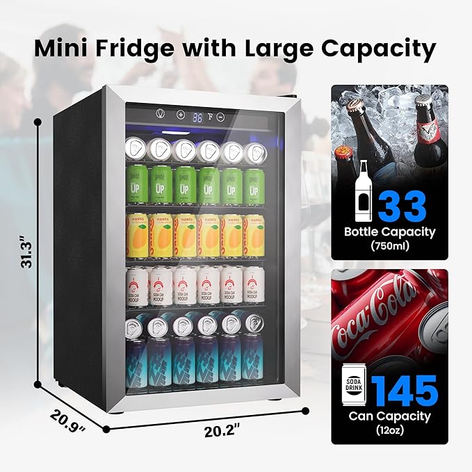 4.5 Cu.Ft Beverage Refrigerator Cooler - 145 Can Mini Fridge Glass Door for Soda Beer Wine, Small Refrigerator for Bedroom Office Home Bar, 4 Adjustable Shelves, Silver-DeskLoop Office