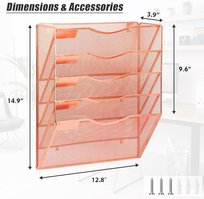 EASEPRES 5 Pocket Mesh Hanging Wall File Organizer, Wall Mounted Mail Paper Document Folder Holder, Clipboard Storage Organization Magazine Rack with Nametag Label for Office Home School, Rose Gold-DeskLoop Office