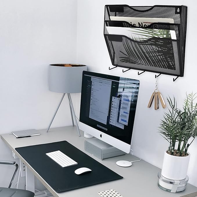 EASEPRES 3 Pocket Mesh Hanging File Organizer with Key Holder Hooks & Nametag Label, Wall Mounted Mail Paper Document Folder Clipboard Storage Organization Magazine Rack for Office Cubicle, Black-DeskLoop Office