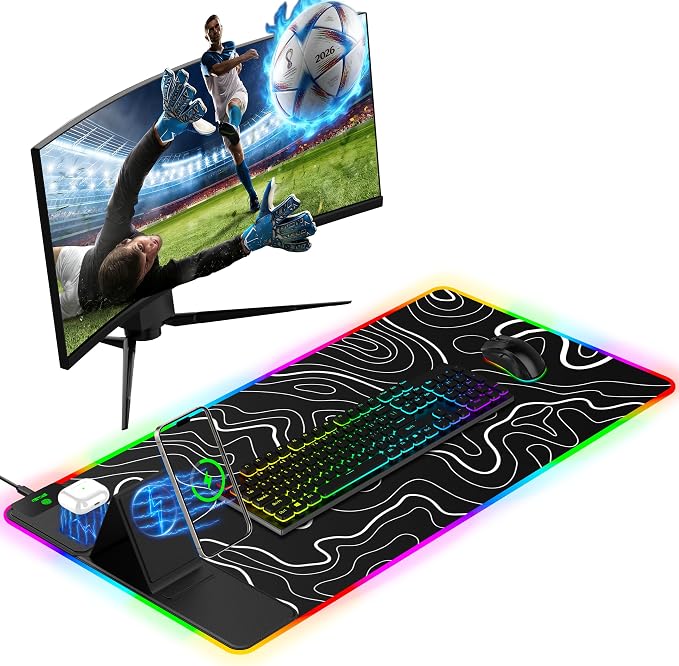 Mouse Pad with Foldable Phone Holder & Wireless Charger, XXL RGB Gaming by miroddi