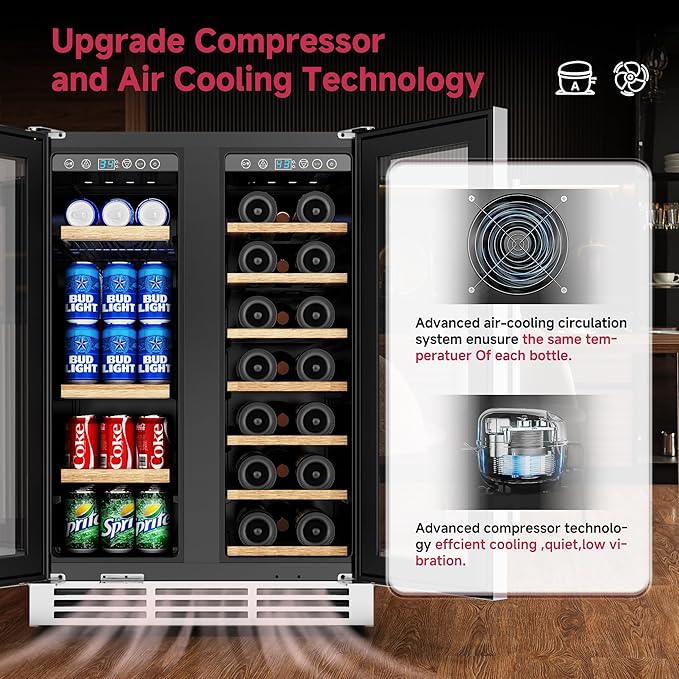 24" Wine and Beverage Refrigerator, Dual Zone Wine Cooler with Glass Door, Hold 88 Cans & 21 Bottles, Built in or Freestanding Under Counter Wine Fridge with Blue LED Light.-DeskLoop Office