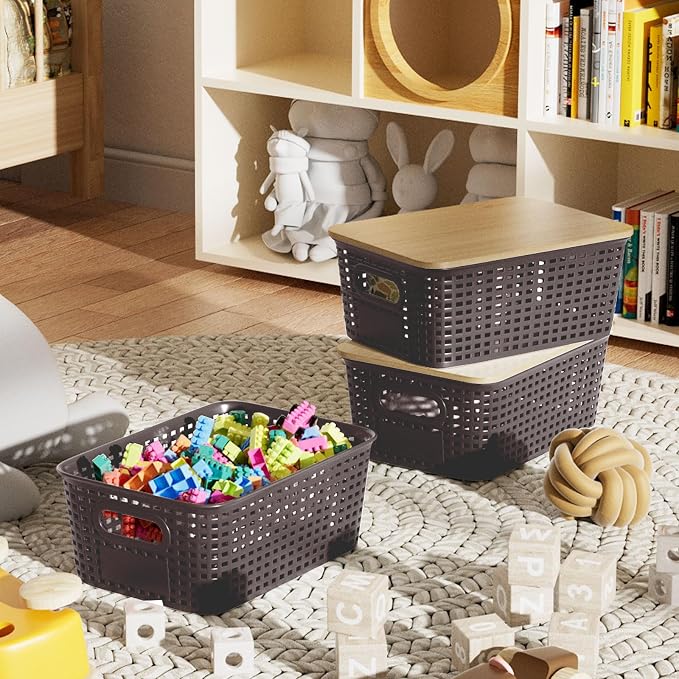 6Pcs Storage Bins with Lids, Stackable Plastic Storage Basket with Bamboo Lid - Image 5