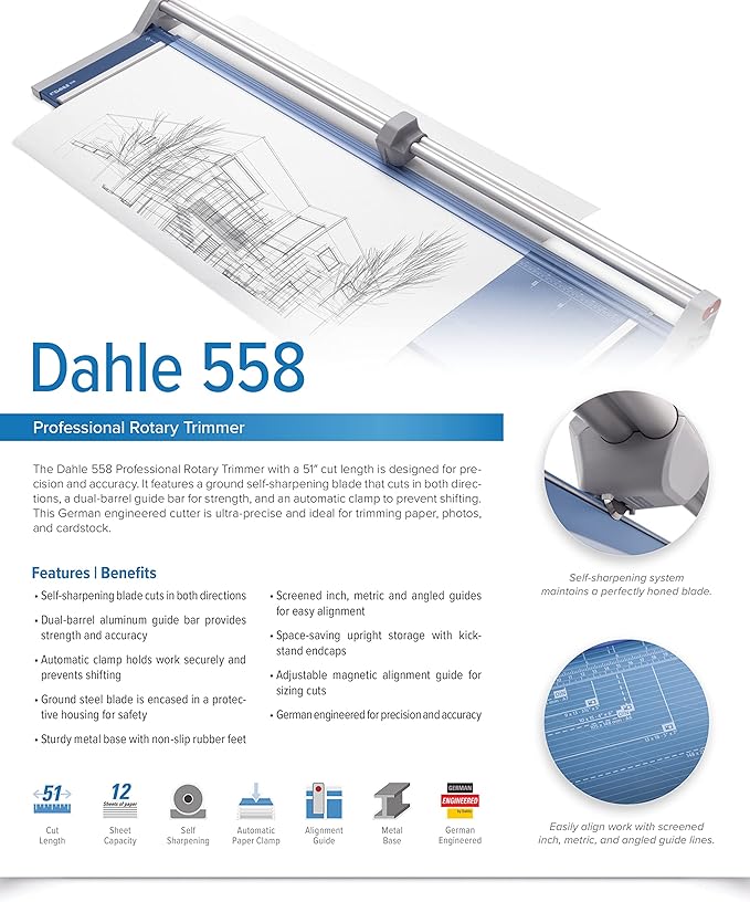 Dahle 558 Professional Rotary Trimmer, 51" Cut Length, 12 Sheet Capacity, Self-Sharpening, Dual Guide Bar, Automatic Clamp, German Engineered Paper Cutter-DeskLoop Office