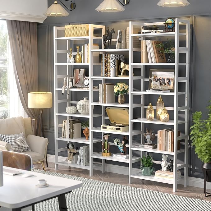 Homykic Bamboo Triple Wide Shallow Bookshelves and Bookcases, 6-Tier 6ft Tall Bookshelf with 17 Open Display Shelves, Super Large Freestanding Book Shelf for Home Office, Bedroom, Living Room, White-DeskLoop Office