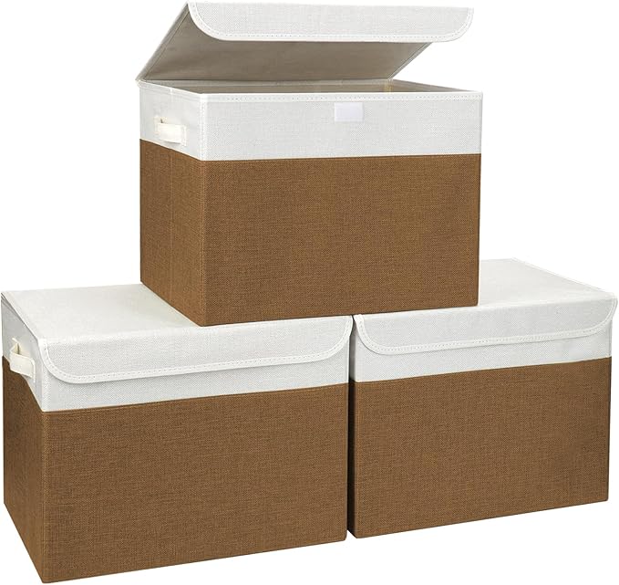 Large 17" 42 Quarts Collapsible Stackable Storage Bins with Lids [3-Pack] Foldable Fabric Linen Storage Boxes Cube, Closet Organizer Baskets with Label for Home (16.7 x 12 x 12", Brown & White)-DeskLoop Office