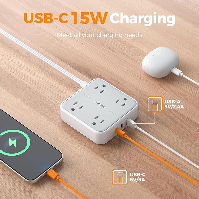 Flat Plug Extension Cord 5 Ft, TESSAN Surge Protector Power Strip Ring Pull with 3 USB (1 USB C) 4 Outlets, 900 Joules Protection, Desktop Charging Station for Home, Office, College, Dorm Room, Gray-DeskLoop Office