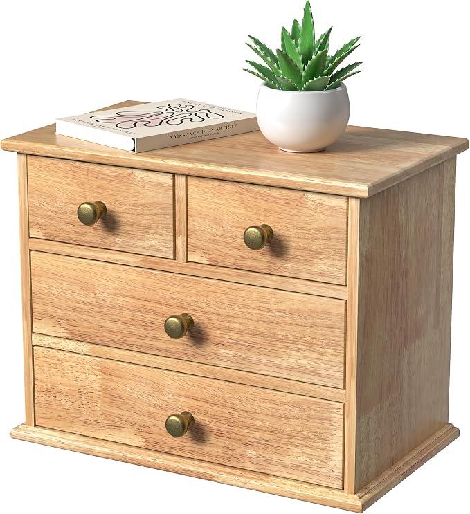 Oak Desk Organizer with Drawers, Wooden Desktop Storage Box with Metal Handles by JNFUZ