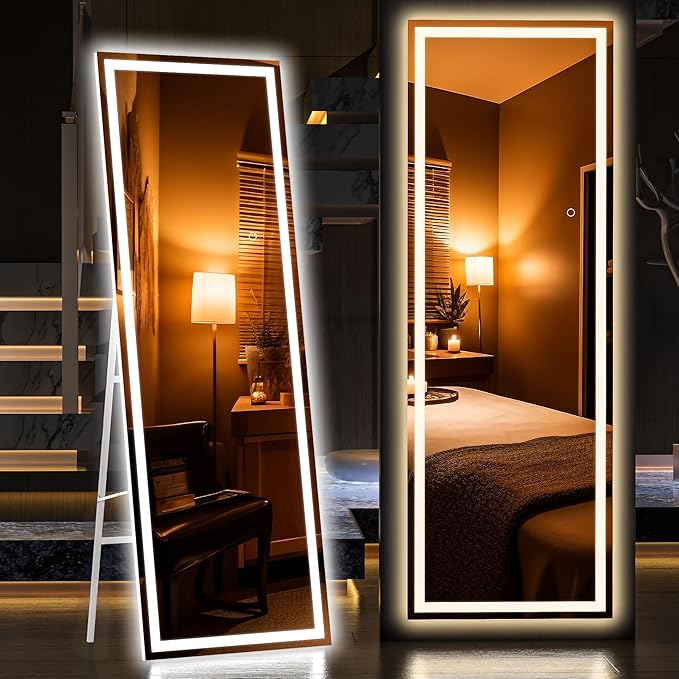 Hasipu Full Length Mirror with Lights, 65" x 20" LED Floor Mirror, Full Body Dressing Standing, Hanging Mounted Mirror for Living Room Bedroom Cloakroom, Square White-DeskLoop Office