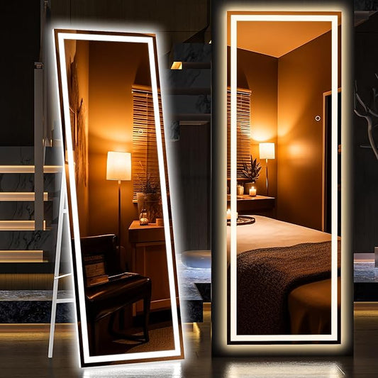 Hasipu Full Length Mirror with Lights, 65" x 20" LED Floor Mirror, Full Body Dressing Standing, Hanging Mounted Mirror for Living Room Bedroom Cloakroom, Square White-DeskLoop Office