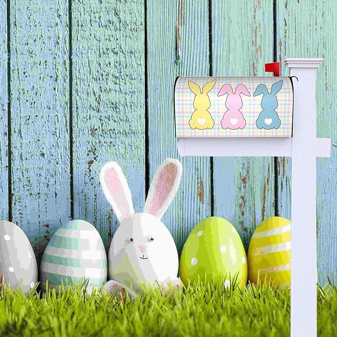 Cute Easter Bunny Mailbox Covers, Colourful Buffalo Plaid Rabbit Decorations - Image 4