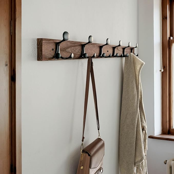 SKOLOO 36-Inch Wood Burnt Coat Rack Wall Mount with 6 Triple Hooks - Ideal for Family Entrances, Classrooms, and Pet Supplies Storage - Perfect Coat Hooks for Wall-DeskLoop Office