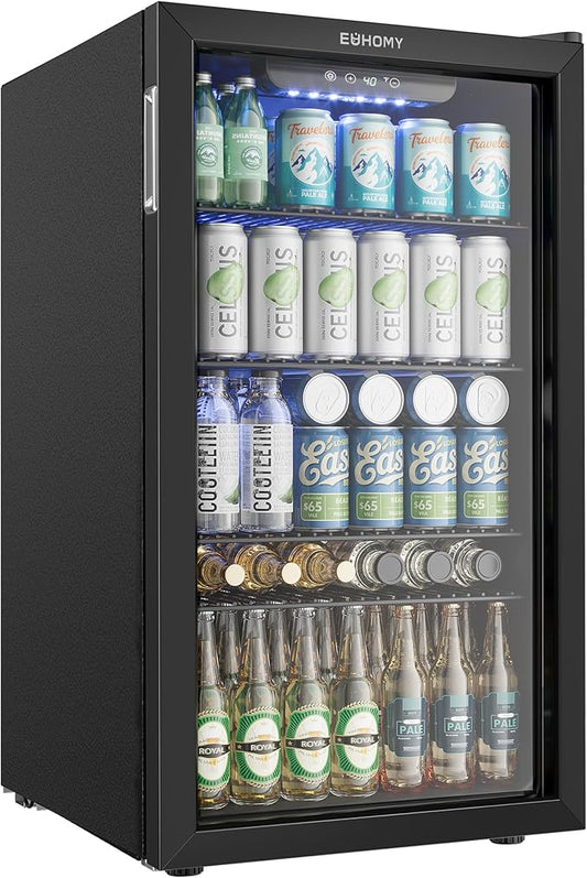 EUHOMY Beverage Refrigerator and Cooler, 128 Can Mini fridge with Glass Door, Small Refrigerator with Adjustable Shelves for Soda Beer or Wine, Home/Bar/Office, Black-DeskLoop Office