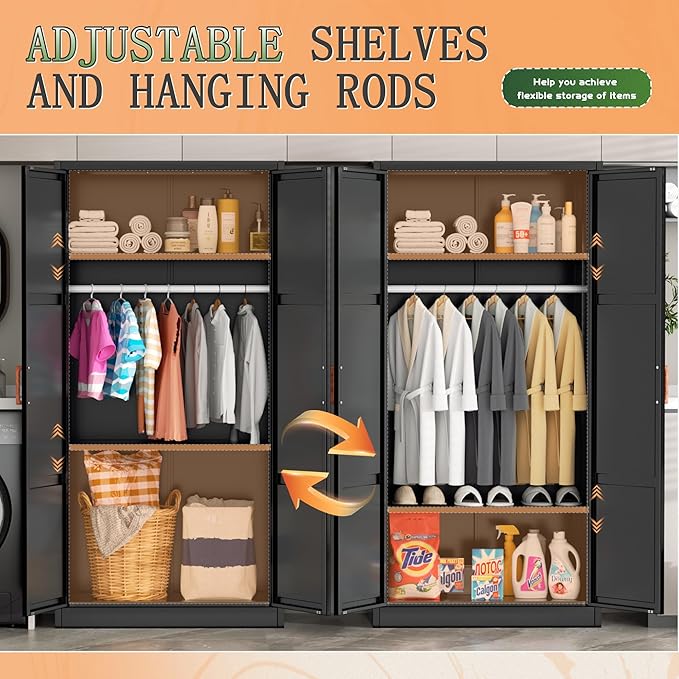 Greenvelly Metal Wardrobe Cabinet with Wooden Handle, 72" Black Metal Wardrobe Closet with Hanging Rods and Adjustable Shelves, Clothing Storage Closet Cabinet for Home, Office, Employee, Gym-DeskLoop Office