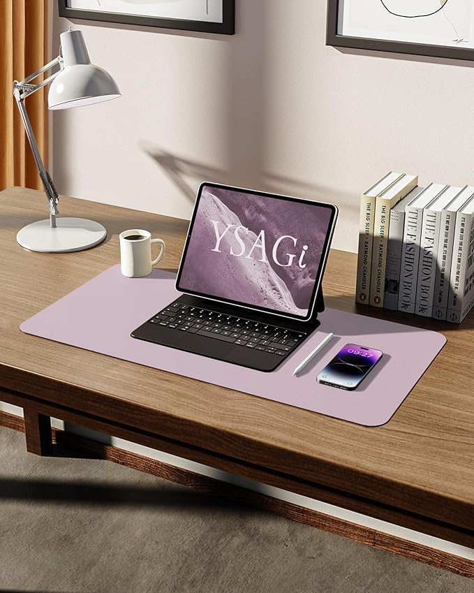 YSAGi Leather Desk Pad Protector, Office Desk Mat, Large Mouse Pad, Non-Slip PU Leather Desk Blotter, Laptop Desk Pad, Waterproof Desk Writing Pad for Office and Home (Grayish Lavender, 23.6" x 13.8")-DeskLoop Office
