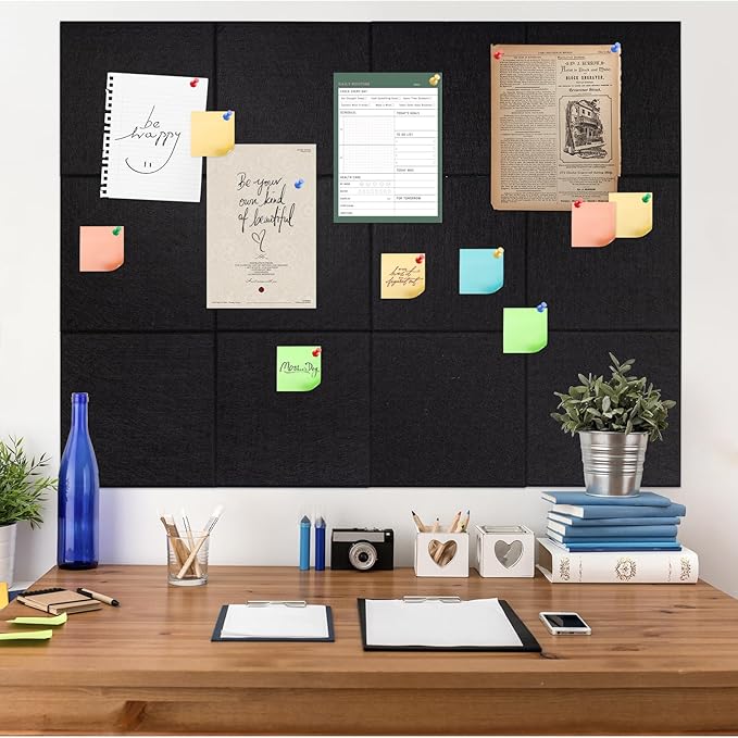 Large Cork Board Alternative, 12 Pack Felt Board with Safe Removable Adhesive Tabs Felt Wall Tiles, Large Cork Boards for Walls, Cork Board for Home Office, Pin Boards for Walls, Black-DeskLoop Office