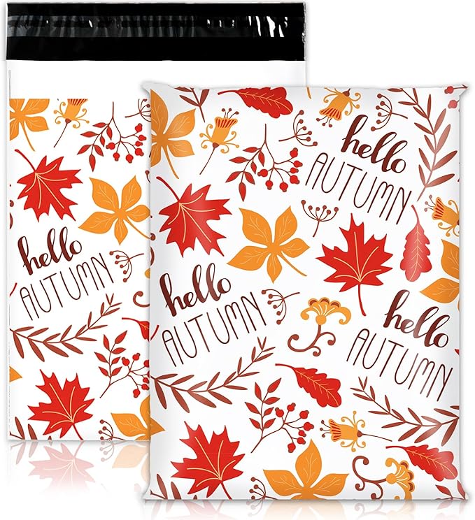 100 Pcs Fall Poly Mailers 10 x 13 Inch Hello Autumn Maple Leaves Mailing Bags Thanksgiving Orange Self-Sealing Plastic Packaging Envelopes Bags Shipping Bags for Small Business Clothing
