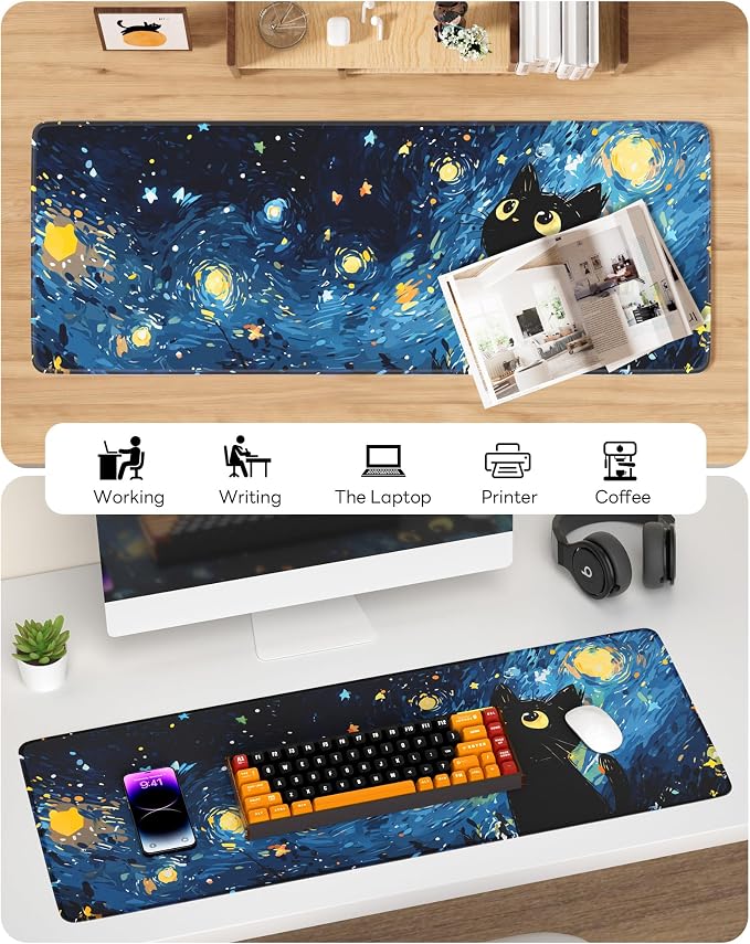 Starry Night Cat Mouse Pad, 31.5 x 11.8 Large Desk Mat - Image 6