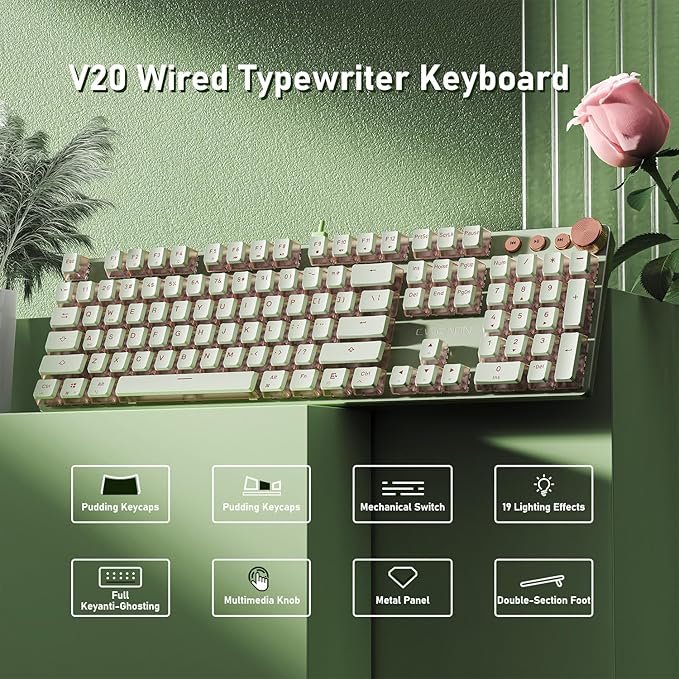 EWEADN V20 Wired Mechanical Keyboard, 104 Keys Backlit LED Keyboards, Media Control Knob, Wired Computer Keyboard Pink Switch for Windows/Mac/PC-Matcha Green-DeskLoop Office