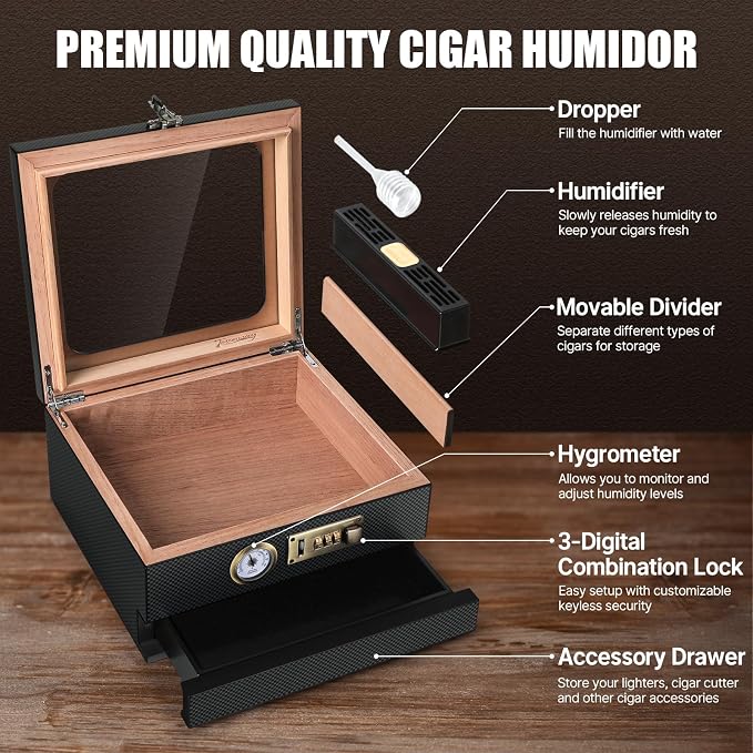 Tesonway Cigar Humidor, Cedar Wood Humidor Cigar Box, Glass Top Desktop Humidor - Image 2