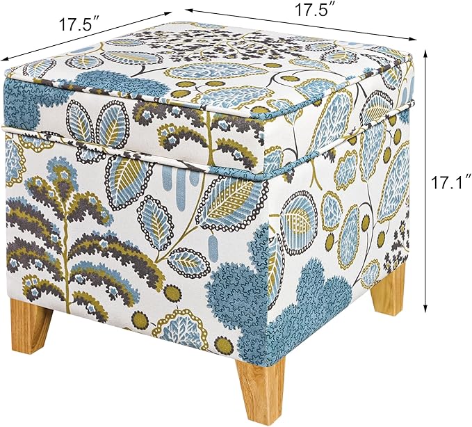 Adeco 18 Inch High Cube Ottoman Storage, Linen Chair Foot Stools, Upholstered Vanity Stool with Hinged Lid, Solid Wood Legs (Blue Leaves)-DeskLoop Office