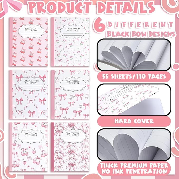 Fullhawl 6 Pack Composition Notebook College Ruled Bulk Pink Bow Composition - Image 5