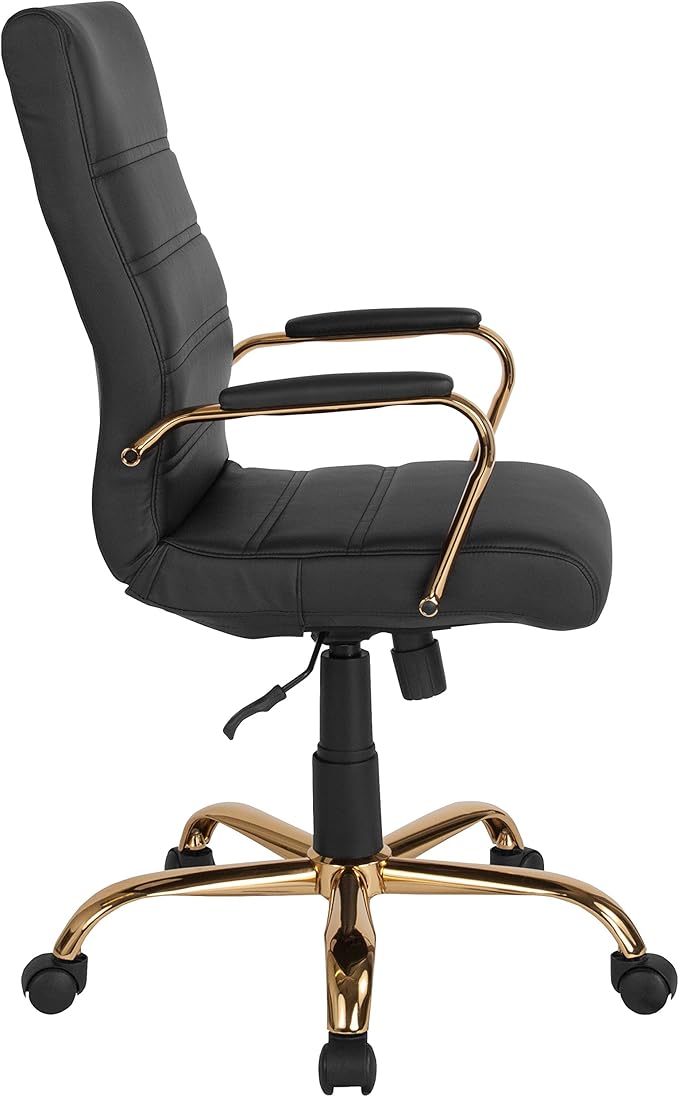 Flash Furniture Whitney High-Back Swivel LeatherSoft Desk Chair with Padded Seat and Armrests, Adjustable Height Padded Office Chair, Black/Gold-DeskLoop Office