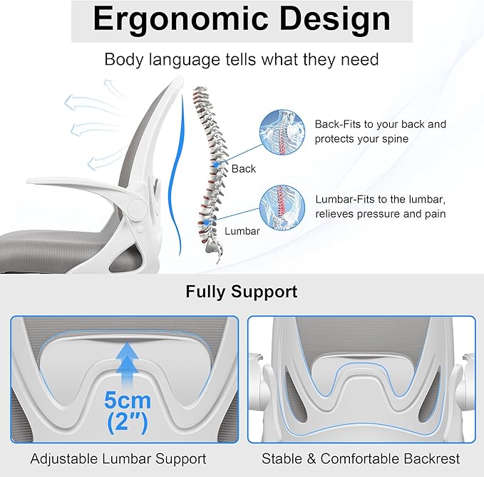Drafting Chair Tall Office Chair with Flip-up Armrests, Adjustable Height, and Enhanced Lumbar Support - Ergonomic Rolling Stool, Back Support, and Adjustable Foot Rest Ring for Standing Desk Gray-DeskLoop Office