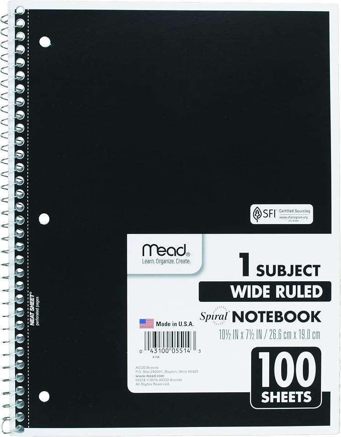 Mead Spiral Notebook, 1 Subject, Wide Ruled Paper, 100 Sheets, 10-1/2" x 8" - Image 2