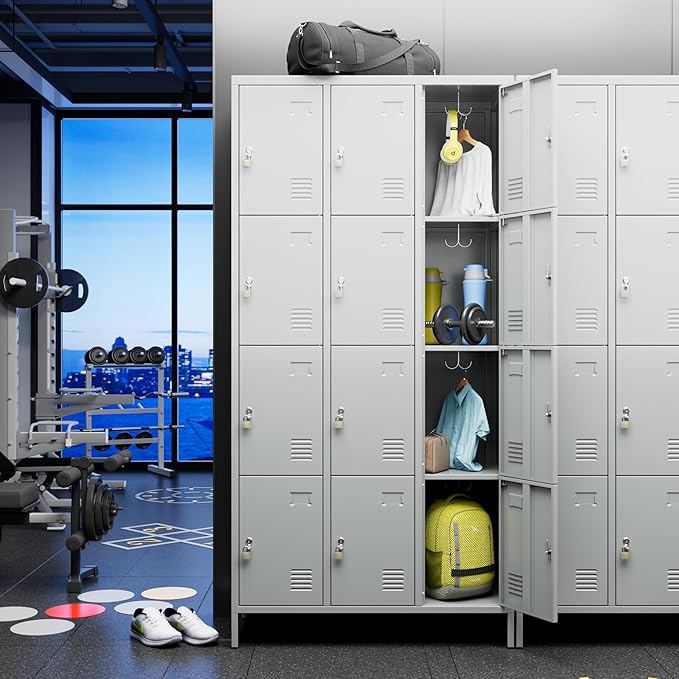 Metal Lockers for Employees with 12 Door & Hooks,Metal Storage Locker with Lock and Card Slot for School Office Garage Gym Bedroom Home,Assembly Required,12 Doors Light Grey-DeskLoop Office