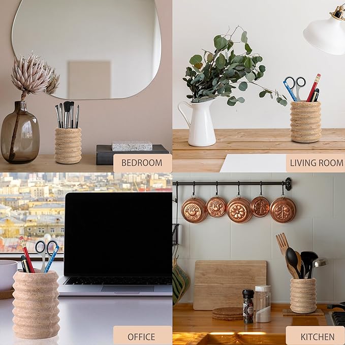 WORHE Pen Holder Stand for Desk, Natural Travertine Stone Makeup Brush Holders, Modern and Functional Pencil Cup for Office Supplies Tableware Organizer for Home Decor School Beige (PH90110)-DeskLoop Office