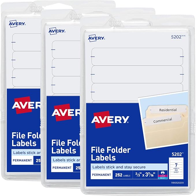 Avery Easy Peel File Folder Labels on 4" x 6" Sheets, 2/3" x 3-7/16", 3 Pack by Avery