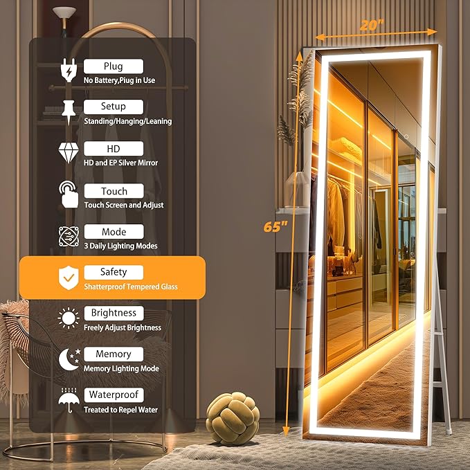 Hasipu Full Length Mirror with Lights, 65" x 20" LED Floor Mirror, Full Body Dressing Standing, Hanging Mounted Mirror for Living Room Bedroom Cloakroom, Square White-DeskLoop Office