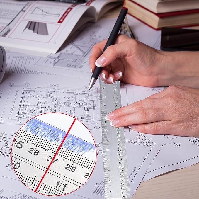 Stainless Steel Metal Ruler:[1 Pieces 12 Inch] Stainless Steel Metal Ruler with Cork Backing Non-Slip Rulers with Inch and Centimeters Drafting Office Tools Prevent Ink Leakage