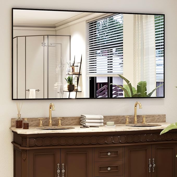 34"x76" Full Length Mirror with Stand, Large Rectangular Floor Mirror for Bedroom, Living Room or Closet, Wall-Mounted or Freestanding, Black Aluminum Alloy Frame-DeskLoop Office