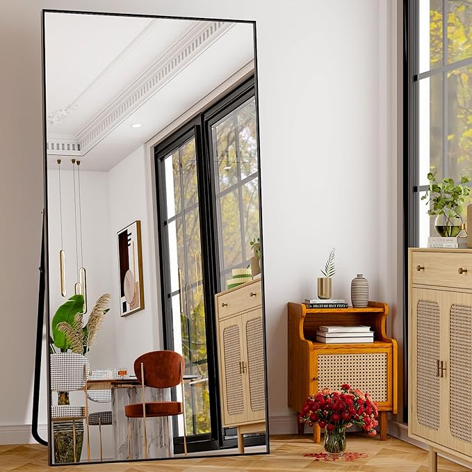 GLSLAND 76"x34" Full Length Mirror Extra Large Hanging or Leaning Rectangle Mirror Aluminum Alloy Thin Frame Bedroom Floor Dressing,Black-DeskLoop Office