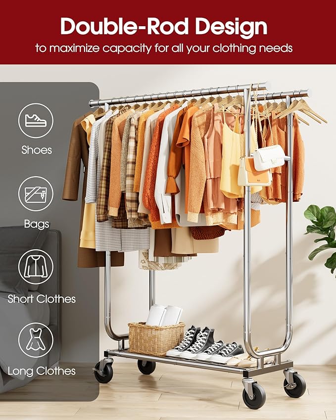 Heavy-Duty Clothes Rack - Double-Rod Stainless Steel Garment Rack with 4-inch Lockable Wheels, Clothing Racks for Hanging Clothes in Bedroom, Laundry Room, 43.3"×16.5"×61.0", Silver-DeskLoop Office