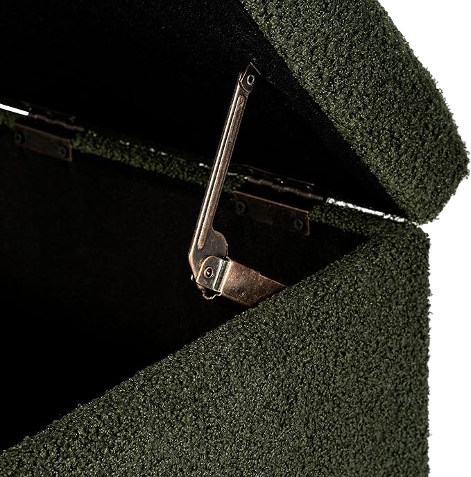 Adeco 17 Inch Soft Dark Green Cube Ottoman Storage, Teddy Velvet Chair Foot Stools, Upholstered Vanity Stool with Hinged Lid, Solid Round Wood Legs-DeskLoop Office