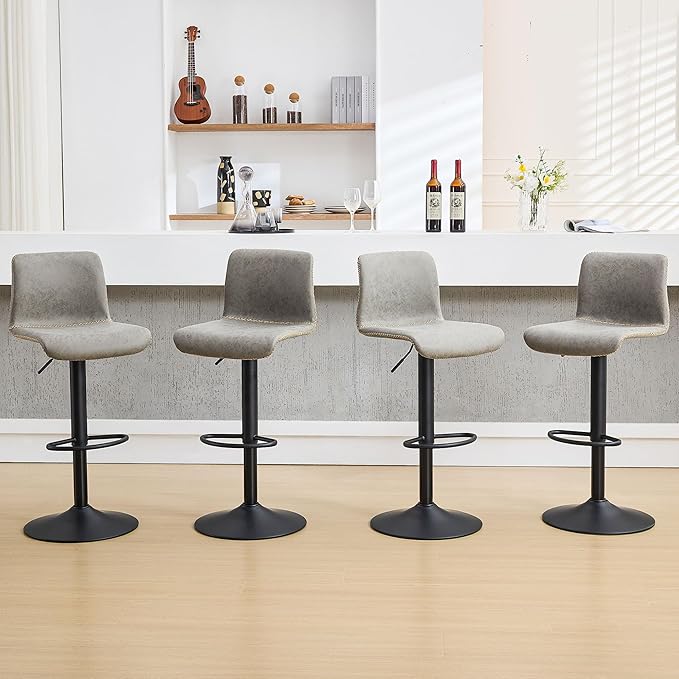 HeuGah Swivel Bar Stools Set of 4, Counter Height Bar Stools with Back, Adjustable Bar Stools 24" to 32", Gray Faux Leather Bar Chairs for Kitchen Island (Gray, Set of 4 (24'' to 32''))-DeskLoop Office