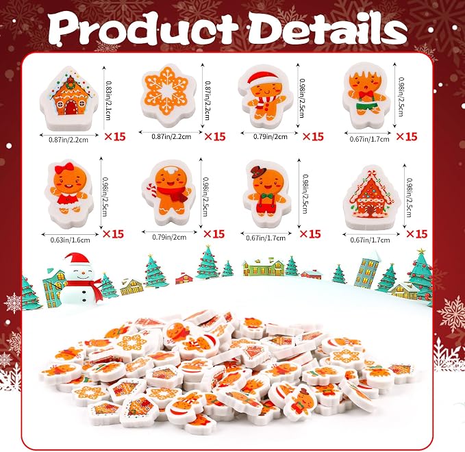 FOIMAS 120pcs Christmas Erasers, Mini Xmas Eraser Gingerbread Man Pencil - Image 2